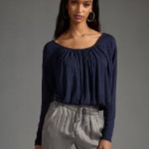 Anthropologie Maeve Long-Sleeve Bubble Top- navy color small size